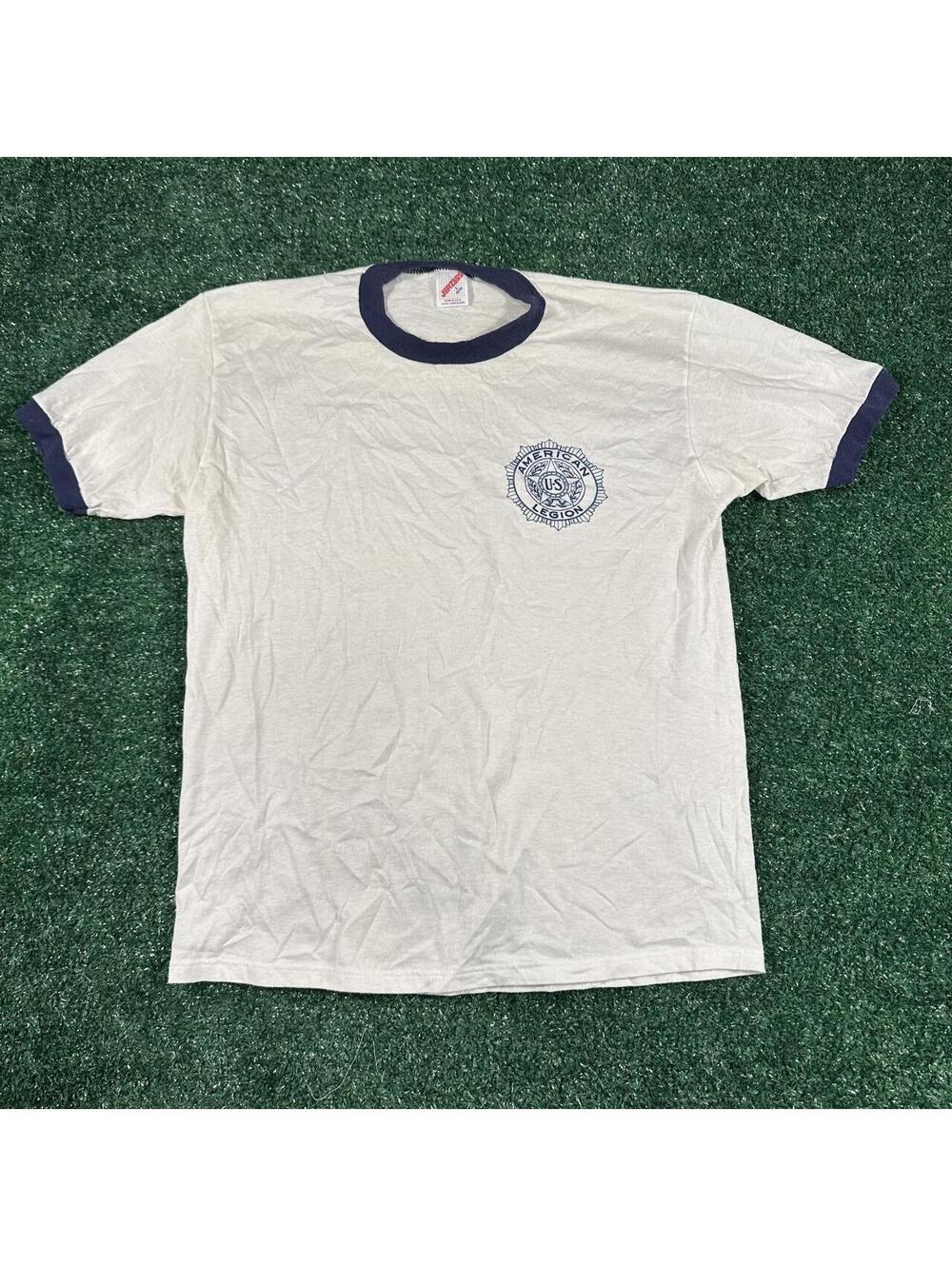 Vintage 80s retro Jerzees American Legion white & blue ringer tee made in USA
